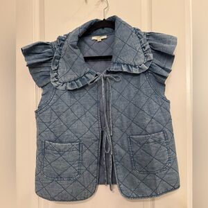 Quilted Denim Vest with Ruffle Collar